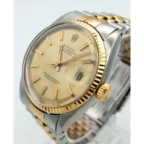 193 - A Rolex Oyster Perpetual Datejust Gents Watch. Bi-metal jubilee strap and case - 36mm. Gold tone dia... 