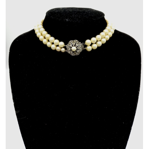 684 - Vintage 1966/67 Fully Hallmarked London Silver Stone Set Double String Pearl Necklace 34cm Length