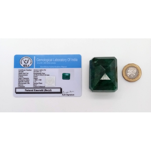 795 - A Monstrous 433.85ct Rectangular Natural Green Emerald Beryl gem with GLI Certification   40.80 x 32... 