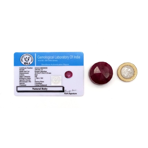 857 - 104.050ct Natural Round cabochon Shape African Ruby Gemstone GLI Certified  28.50 x 27.20 x 15.20mm