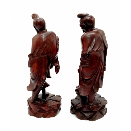 941 - A Vintage or Antique Pair of Carved Wooden Oriental Fisherman Figures 20cm Tall