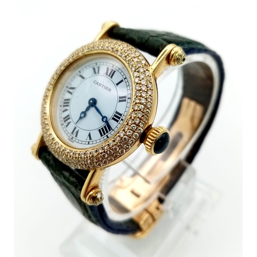 1507 - A Cartier 18K Gold and Diamond Ladies Watch. Leather strap with Cartier gold clasp. 18k gold and dia... 