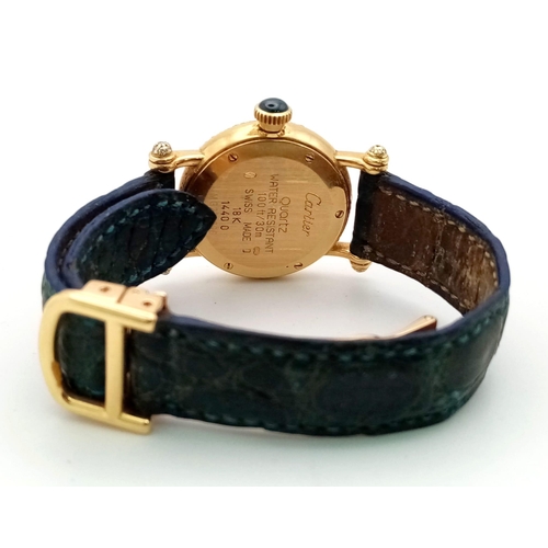 1507 - A Cartier 18K Gold and Diamond Ladies Watch. Leather strap with Cartier gold clasp. 18k gold and dia... 