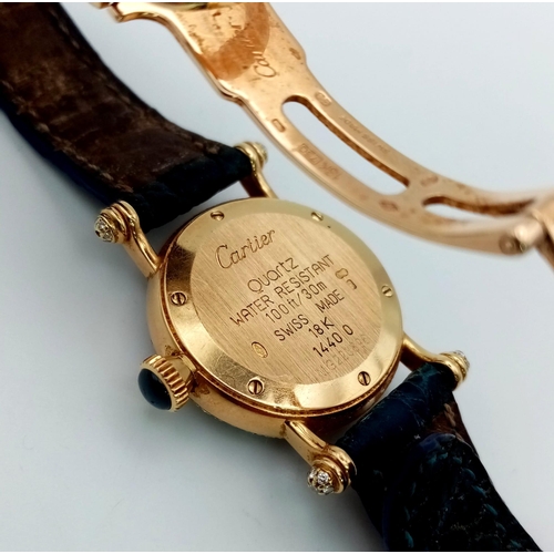 1507 - A Cartier 18K Gold and Diamond Ladies Watch. Leather strap with Cartier gold clasp. 18k gold and dia... 