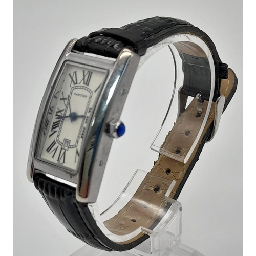 382 - A SWISS MOVEMENT LADIES WRISTWATCH WITH BLACK LEATHER STRAP. FWO