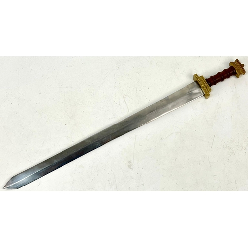 775 - A Vintage Very Good Condition Roman Style Heavy Steel, Brass and Wood Reproduction Sword 79cm Long