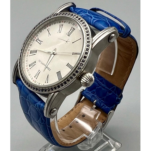 1020 - Unisex Sapphire Bezel Stainless Steel Quartz Watch 45mm case including crown. Blue Leather Strap. 68... 