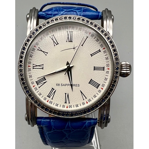 1020 - Unisex Sapphire Bezel Stainless Steel Quartz Watch 45mm case including crown. Blue Leather Strap. 68... 