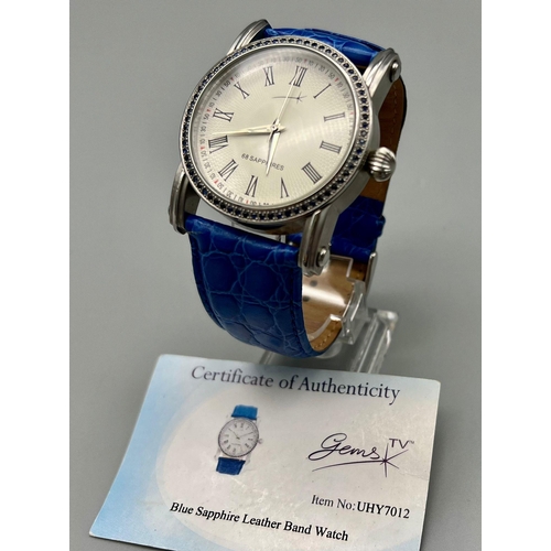 1020 - Unisex Sapphire Bezel Stainless Steel Quartz Watch 45mm case including crown. Blue Leather Strap. 68... 