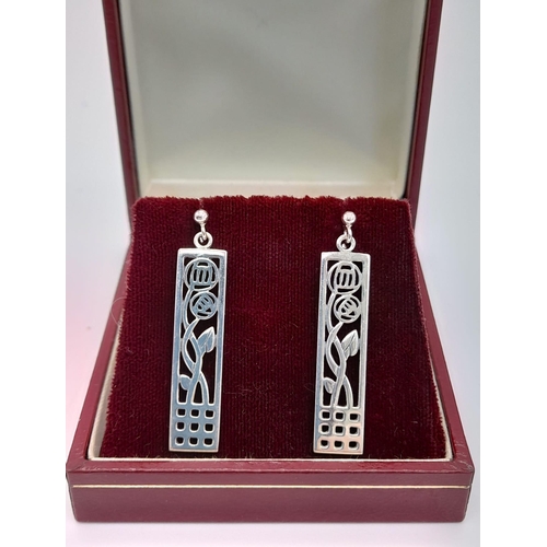 1027 - Vintage Pair of Rennie Mackintosh Design Sterling Silver Filigree Earrings 4cm Drop in Vintage Prese... 