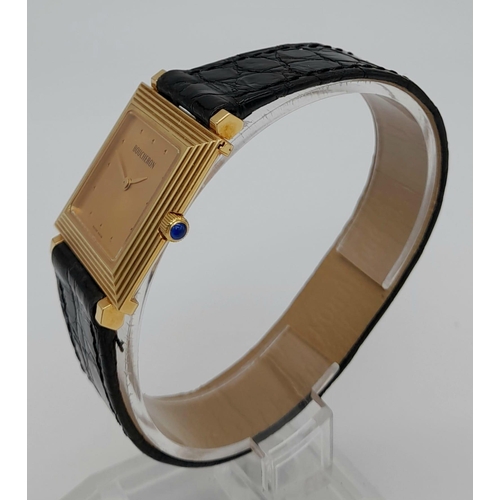 1103 - A Boucheron 18k Gold Slip-On Ladies Watch. Black leather slip-on strap. 18k gold square case - 27 x ... 