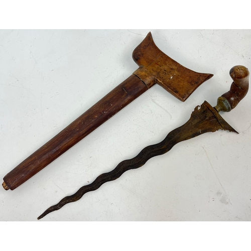 922 - An Antique Very Early Wood and Metal Hand Carved Kris Knife and Sheath 46cm Length