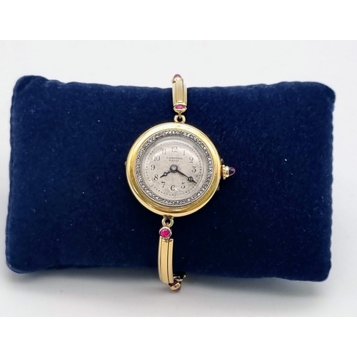 1365 - An Antique Cartier 18K Gold, Diamond and Ruby Ladies Watch. Gold and ruby bracelet. Gold case - 25mm... 