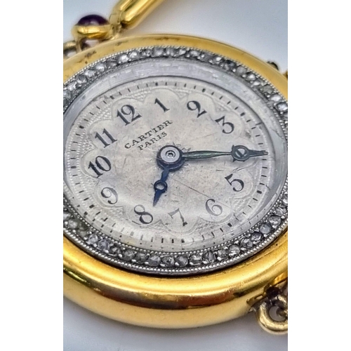 1365 - An Antique Cartier 18K Gold, Diamond and Ruby Ladies Watch. Gold and ruby bracelet. Gold case - 25mm... 