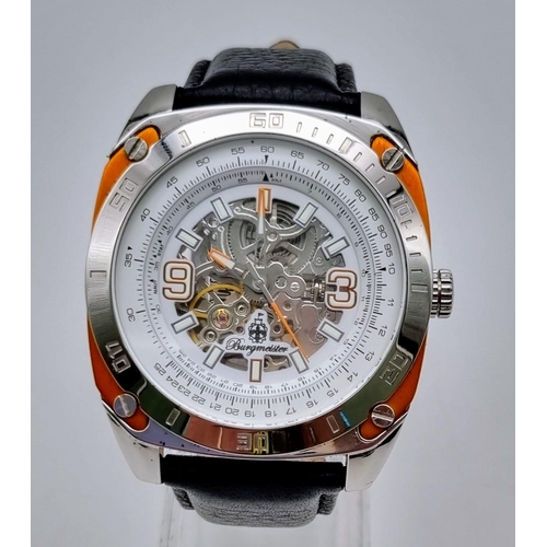 233 - An Unworn in Box Burgmeister Edelstahl Automatic Skeleton Mens Watch in Original Box with Papers. 44... 