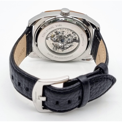 233 - An Unworn in Box Burgmeister Edelstahl Automatic Skeleton Mens Watch in Original Box with Papers. 44... 