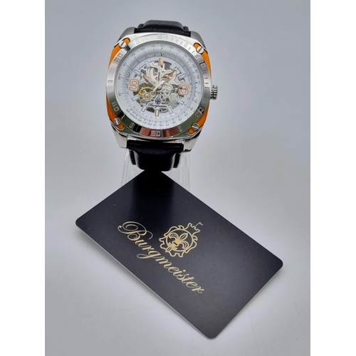 233 - An Unworn in Box Burgmeister Edelstahl Automatic Skeleton Mens Watch in Original Box with Papers. 44... 