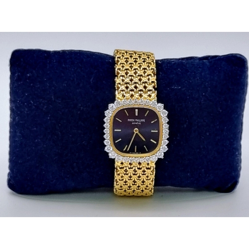 31 - A Patek Phillipe 18K Gold and Diamond Ladies Dress Watch. 18k gold mesh bracelet. Gold and diamond b... 