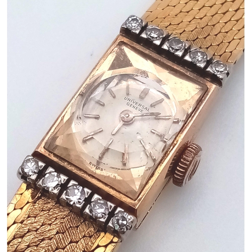 1340 - A Vintage Universal 18k Gold and Diamond Ladies Watch. Solid gold strap and case - 12 x 20mm. Diamon... 