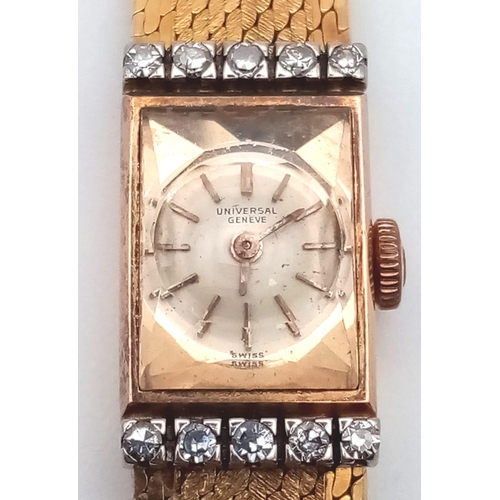 1340 - A Vintage Universal 18k Gold and Diamond Ladies Watch. Solid gold strap and case - 12 x 20mm. Diamon... 