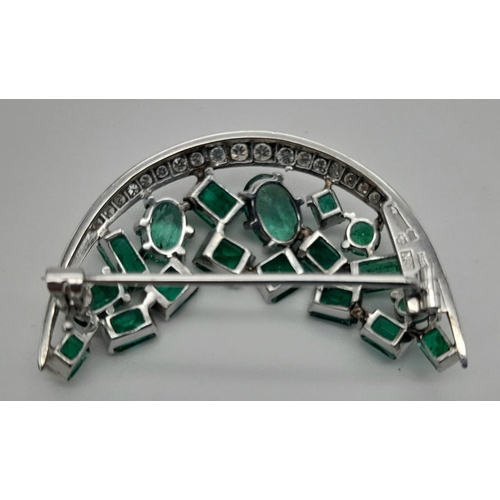 32 - An 18K White Gold Emerald and Diamond Crescent Moon Brooch. Beautiful paved set emeralds - 4ct with ... 