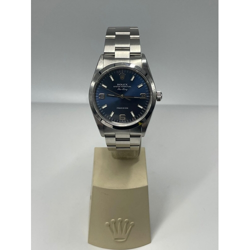 361 - A ROLEX STAINLESS STEEL AIRKING WITH STRIKING BLUE DIAL RECENTLY SERVICED BY ROLEX DEALER.