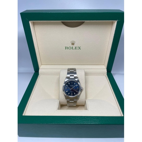 361 - A ROLEX STAINLESS STEEL AIRKING WITH STRIKING BLUE DIAL RECENTLY SERVICED BY ROLEX DEALER.