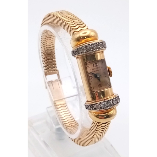 649 - A Vintage Universal 18k Gold and Diamond Ladies Capsule Watch. 18k gold bracelet. Capsule dial case ... 