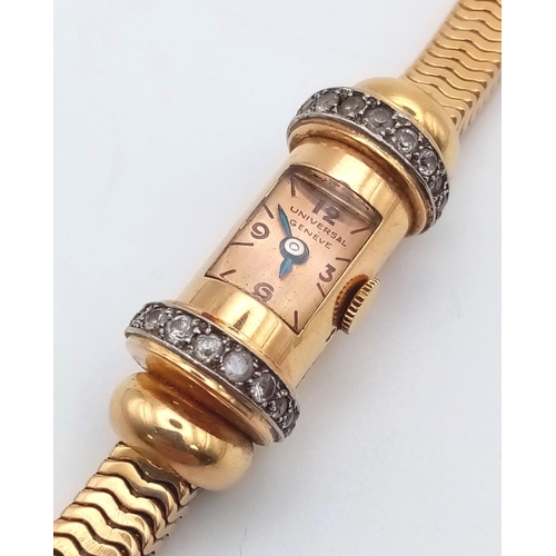 649 - A Vintage Universal 18k Gold and Diamond Ladies Capsule Watch. 18k gold bracelet. Capsule dial case ... 