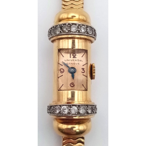 649 - A Vintage Universal 18k Gold and Diamond Ladies Capsule Watch. 18k gold bracelet. Capsule dial case ... 