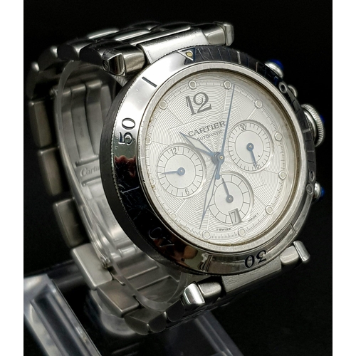 930 - A Cartier Automatic Chronograph Watch. Stainless steel strap and case - 38mm. White dial with three ... 