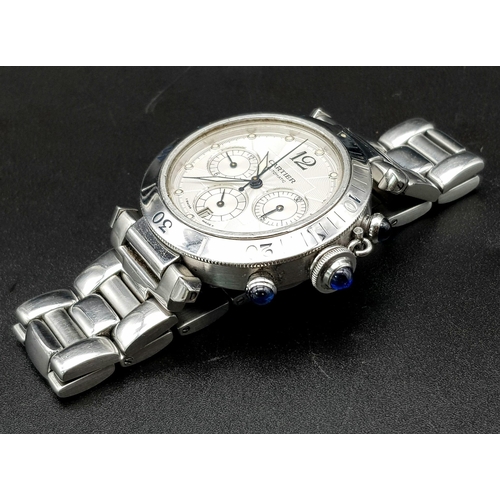 930 - A Cartier Automatic Chronograph Watch. Stainless steel strap and case - 38mm. White dial with three ... 