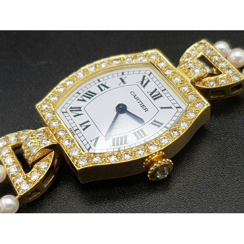 94 - A Must de Cartier 18K Gold Diamond and Pearl Ladies Watch. 
Pearl, diamond and gold bracelet. Gold a... 