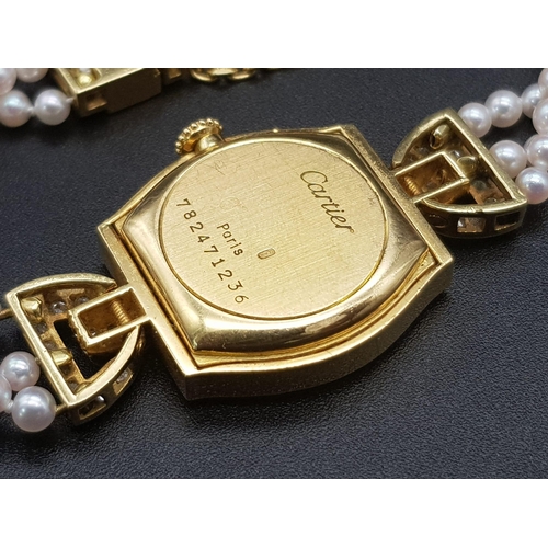 94 - A Must de Cartier 18K Gold Diamond and Pearl Ladies Watch. 
Pearl, diamond and gold bracelet. Gold a... 