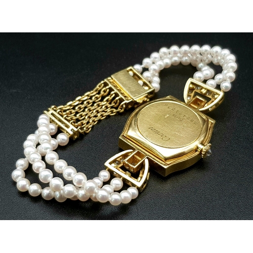 94 - A Must de Cartier 18K Gold Diamond and Pearl Ladies Watch. 
Pearl, diamond and gold bracelet. Gold a... 