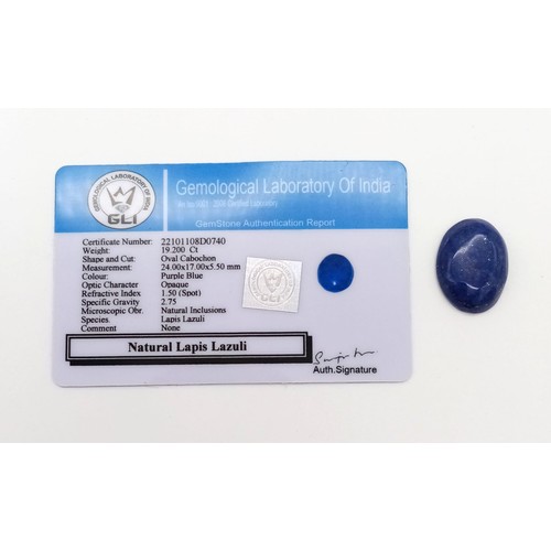 1396 - A 19.20ct Lapis Lazuli Cabochon. Oval Shape. GLI Certified