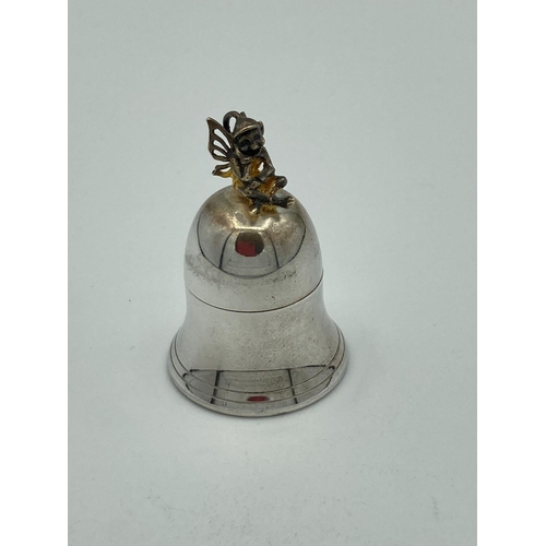 224 - Vintage small SILVER PILL POT in the form of a PIXIE  sitting upon a BELL .Clear hallmark for Harman... 