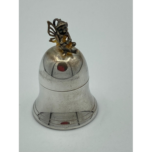 224 - Vintage small SILVER PILL POT in the form of a PIXIE  sitting upon a BELL .Clear hallmark for Harman... 