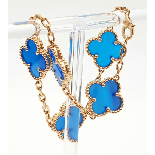 282 - A Van Cleef and Arpels Alhambra bracelet with 5 motifs - 18ct rose gold with blue agate inserts. Len... 