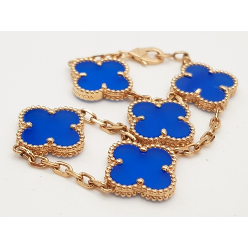 282 - A Van Cleef and Arpels Alhambra bracelet with 5 motifs - 18ct rose gold with blue agate inserts. Len... 