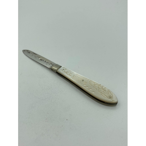 314 - Antique SILVER BLADED FRUIT KNIFE with beautifully patterned mother of pearl handle. Having clear ha... 