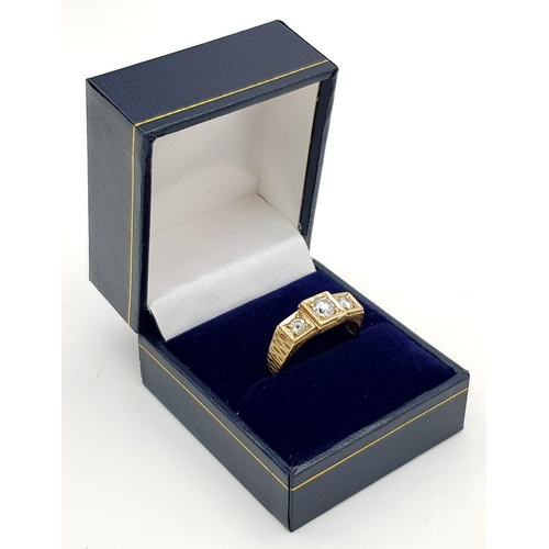 341 - A classic 3 stone ring set in 9k yellow gold, Ring size R1/2, total weight 3.8 grams