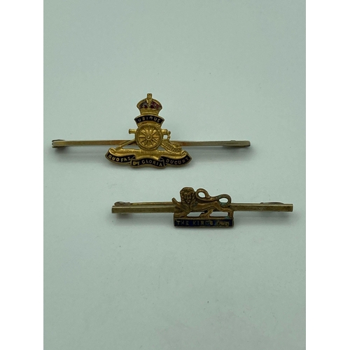 413 - 2 x Antique military SWEETHEART BROOCHES showing THE ROYAL ARTILLERY together with another showing T... 