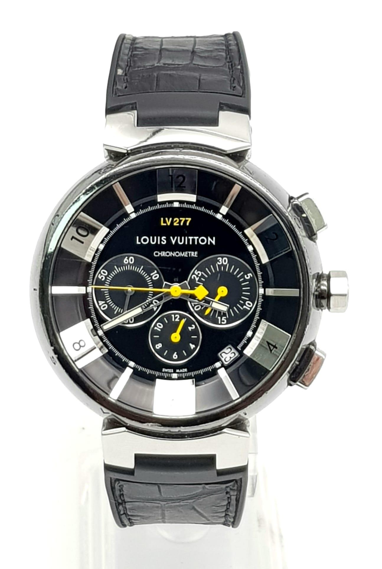 A Louis Vuitton LV 277 Chronometer Gents watch. Black leather strap. Steel  and ceramic case - 45mm.