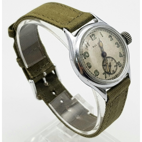 625 - A WWII BULOVA MILITARY SUBDIAL WRISTWATCH WITH MANUAL MOVEMENT AND WEBBING STRAP. FWO   32mm