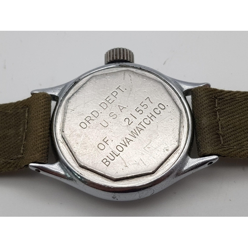 625 - A WWII BULOVA MILITARY SUBDIAL WRISTWATCH WITH MANUAL MOVEMENT AND WEBBING STRAP. FWO   32mm