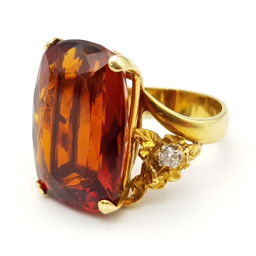 748 - A 18k Yellow Gold 20ct Cushion Cut Natural Madeira Citrine, Diamond Flanking each Side. Ring Size N1... 