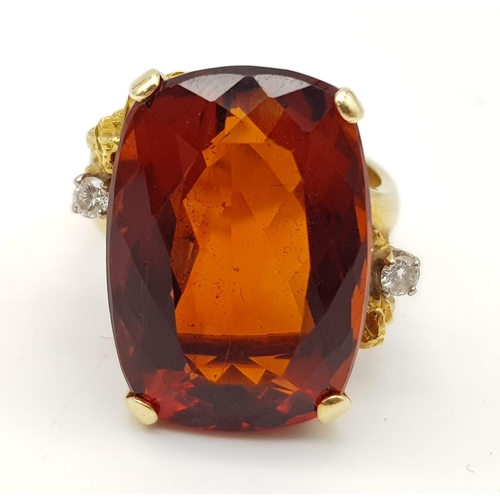 748 - A 18k Yellow Gold 20ct Cushion Cut Natural Madeira Citrine, Diamond Flanking each Side. Ring Size N1... 