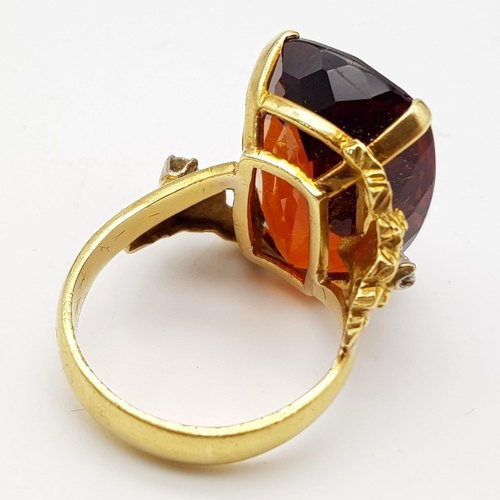 748 - A 18k Yellow Gold 20ct Cushion Cut Natural Madeira Citrine, Diamond Flanking each Side. Ring Size N1... 