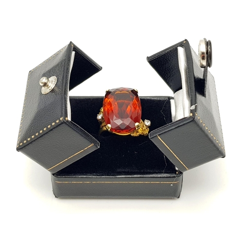 748 - A 18k Yellow Gold 20ct Cushion Cut Natural Madeira Citrine, Diamond Flanking each Side. Ring Size N1... 